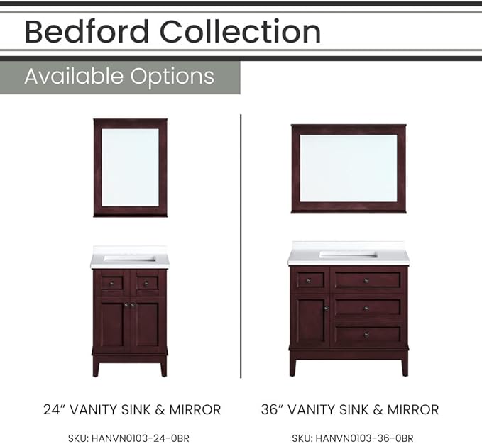Hanover 36 Set Includes w, Brown Bedford 36'' Vanity Sink Combo for Bathroom, Powder Room | Pre-Assembled 1 Door, 3 Drawers | Accent Mirror | Artificial Stone Countertop, Cabinet, 36 inches