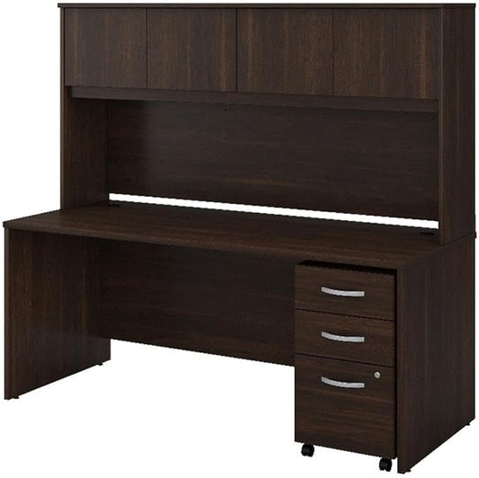 Pemberly Row Engineered Wood 72W x 30D Desk w/Hutch & Drawers in Black Walnut