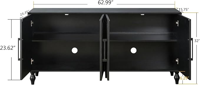 Sideboard Buffet Credenzas for Living Room, 63" Antique Black Entryway Table with Storage Accent Cabinet, Carved Flowers Doors & Wire Holes