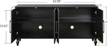 Sideboard Buffet Credenzas for Living Room, 63" Antique Black Entryway Table with Storage Accent Cabinet, Carved Flowers Doors & Wire Holes