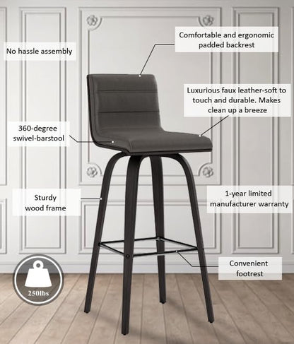 Armen Living Vienna 30" Swivel Bar Stool in Black Wood Finish with Gray Faux Leather - Set of 2