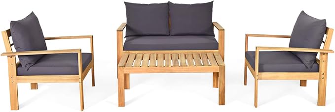 COSTWAY 4 Pieces Outdoor Acacia Wood Sofa Set, Outdoor Conversation Sofa Set with Table & Cushions Porch Chairs for Garden, Patio, Deck