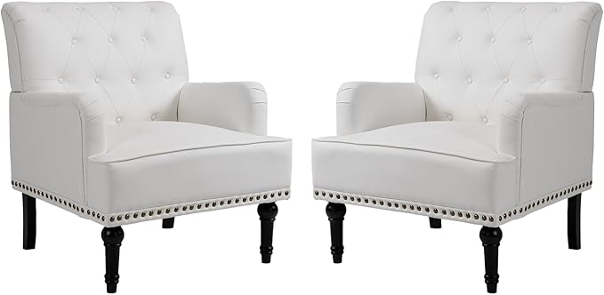 MOJAY Modern PU Leather Accent Chair Set of 2, Mid-Century Living Room Lounge Club Chair with Rivet Trim, Single Sofa Reading Arm Chair for Bedroom Home Office Study Lounges(White)