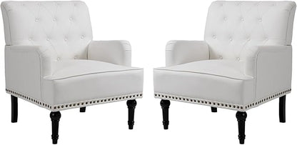 MOJAY Modern PU Leather Accent Chair Set of 2, Mid-Century Living Room Lounge Club Chair with Rivet Trim, Single Sofa Reading Arm Chair for Bedroom Home Office Study Lounges(White)