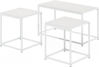 Furinno CAMNUS Coffee Table, Metal Frame Modern Coffee Table and Side Tables Set, Toolless Side Table Sets, for Living Room, Bedroom, Home Office, Solid White