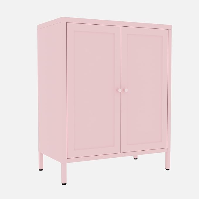 Living Room Cabinets, Pink Lockable Storage Cabinets with Doors and Shelves,2 Door Cabinet with high feet,Low Side Cupboard for Home,Office,Kitchen,Bathroom,Dining Room