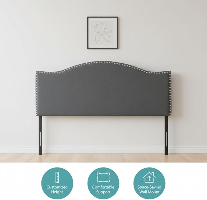 Naomi Home Catalina Queen Headboard – Adjustable Linen Upholstered Tufted Panel with 12 Height Settings, Wall-Mount or Bed Frame Mount, Sturdy Wood Frame, Nailhead Trim – Light Gray