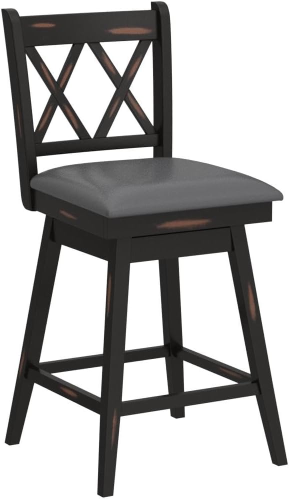 COSTWAY Bar Stool Set of 2, 360 ° Swivel Counter Height 25 inch Bar Stool with Foot Rest Upholstered Cushion & Ergonomic Backrest, Sturdy Frame, for Pub, Restaurant, Home (2, Black + Grey)