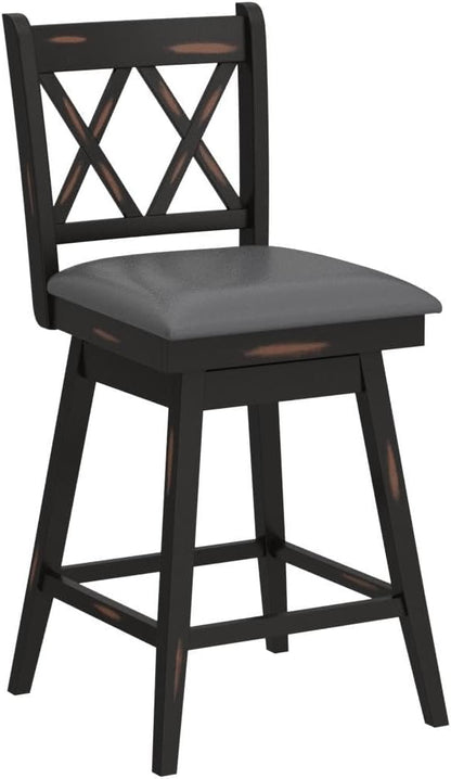 COSTWAY Bar Stool Set of 2, 360 ° Swivel Counter Height 25 inch Bar Stool with Foot Rest Upholstered Cushion & Ergonomic Backrest, Sturdy Frame, for Pub, Restaurant, Home (2, Black + Grey)
