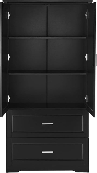 Polibi Tall Storage Cabinet with 2 Drawers, 3-Tier Adjustable Shelves & 2 Doors, Floor Free-Standing Cabinet for Bathroom, Living Room, Black, 63.2" H*32" W