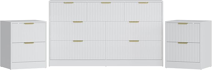 3-Piece Modern Bedroom Furniture Set, Wide 7-Drawer Dresser & 2-Drawer Nightstands Set of 2, Natural Wood Dresser and Nightstand Sets for Bedroom, Hallway, White