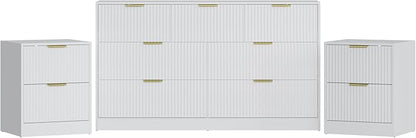3-Piece Modern Bedroom Furniture Set, Wide 7-Drawer Dresser & 2-Drawer Nightstands Set of 2, Natural Wood Dresser and Nightstand Sets for Bedroom, Hallway, White