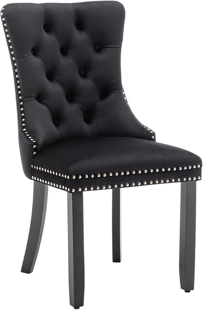 Velvet Dining Chairs Set of 4, Upholstered Dining Room Chairs with Nailhead Ring Pull Trim, Button Tufted Wing Back Chairs for Dining with Solid Wood Legs for Kitchen Dining Room(Black)