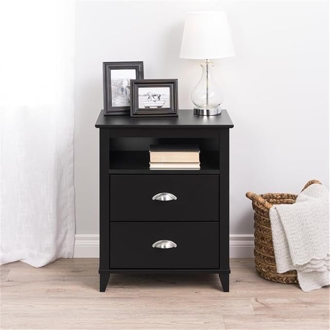 Prepac Yaletown Traditional 2-Drawer Tall Nightstand Side Table, Bedside Table with 2 Drawers and Open Shelf 16" D x 23" W x 28" H, Black, BDNH-1202-1