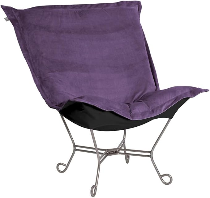 Howard Elliott Scroll Puff Rocker Seating Chair With Cover, Multipurpose Alternate Seating Butterfly Chair with Titanium Frame, Patio Furniture for Camping, Home, Indoor & Outdoor, Bella Eggplant