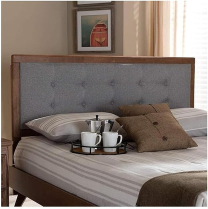 Mid-Century Marvel Fabric Upholstered Walnut Brown Finished Wood Headboard, Wall Mount Headboard Queen/Light Gray