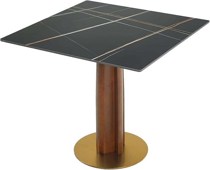 Sintered Stone Square Office Table - Meeting Desk for Small Offices (Walnut‌ Leg and Black Top, 1 Table Only)