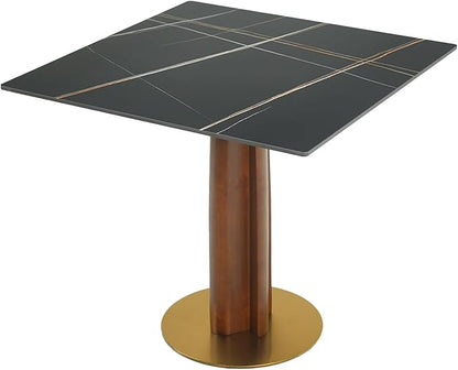 Sintered Stone Square Office Table - Meeting Desk for Small Offices (Walnut‌ Leg and Black Top, 1 Table Only)