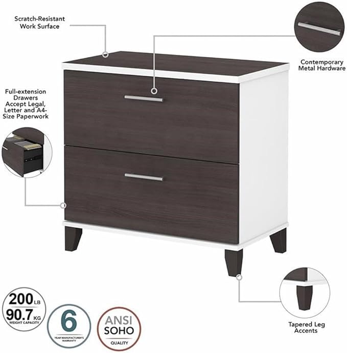 Pemberly Row Wood 2 Drawer Lateral File Cabinet in White and Storm Gray
