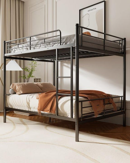 Full Over Full Bunk Bed, Convertible into 2 Full Beds, Heavy-Duty Metal Bed Frame with Safety Full-Length Guardrails & EVA Padded Ladder for Adults, Teens, Kids, No Box Spring Needed, Black