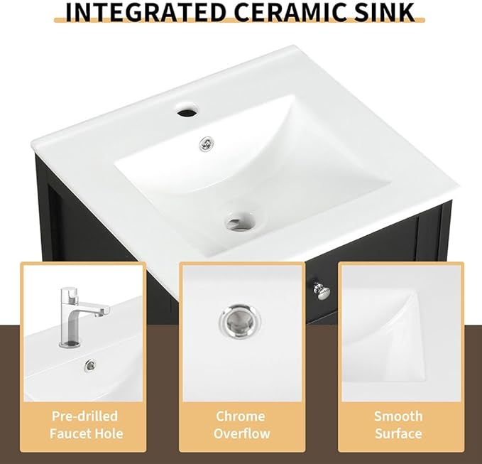 20" Bathroom Vanity with Sink, Wooden Bathroom Storage Cabinet with Soft Closing Door and Adjustable Shelve,Narrow Small Bathroom Cabinet for Small Space (20"× 18"×34"),Black