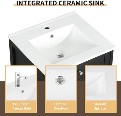 20" Bathroom Vanity with Sink, Wooden Bathroom Storage Cabinet with Soft Closing Door and Adjustable Shelve,Narrow Small Bathroom Cabinet for Small Space (20"× 18"×34"),Black