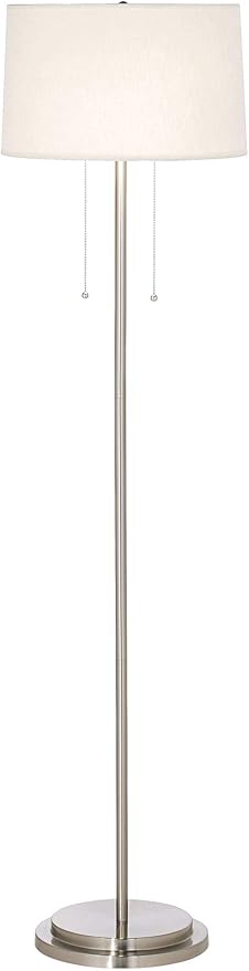 Possini Euro Design Simplicity Modern Minimalist Floor Standing Lamp 59" Tall Brushed Nickel Silver Metal Off White Tapered Drum Shade Decor for Living Room Reading House Bedroom Home