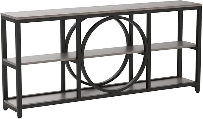 Tribesigns 70.9 inch Sofa Console Table, Extra Long Narrow Entryway Tables with 3 Tier Wood Storage Shelves Metal Frame for Foyer Hallway Living Room Behind Couch, Black Rustic Gray