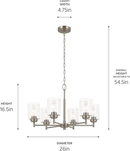 KICHLER Winslow 26" 6 Light Chandelier with Clear Seeded Glass in Brushed Nickel for Dining Room, Living Room, Kitchen and Rooms with Vaulted Ceilings, Industrial Style, (26" x 26" x 16.5") 52616NI