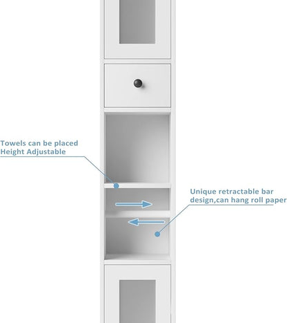 Maupvit Bathroom Storage Cabinet with 2 Frosted Glass Doors, Tall Narrow Storage Cabinet with Doors and Shelves Adjustable, Slim Bathroom Cabinet for Small Spaces, 8 Compartments (White)