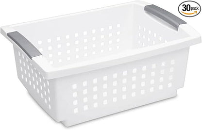 Sterilite Stackable Storage Bin and Organization Basket with Flip Down Accent Rails for Home and Household Organization, Medium, White (30 Pack)