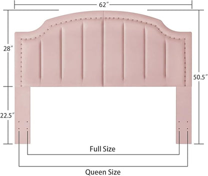 24KF Velvet Fabric Upholstered Queen/Full Headboard with Nail Trims,Modern Vertical Channel Design with Curved Headboard, 6052-Q-Pink