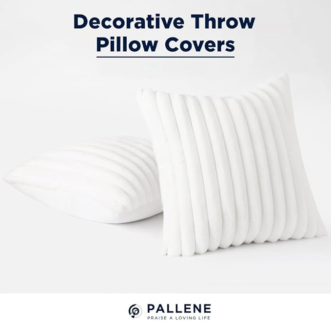 Pallene Faux Fur Plush Lumbar Throw Pillow Covers 12x20 Set of 2, Luxury Soft Fluffy Striped Decorative Pillow Covers for Sofa, Couch, Living Room, White