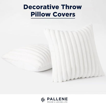 Pallene Faux Fur Plush Throw Pillow Covers 18x18 Set of 2, Luxury Soft Fluffy Striped Decorative Pillow Covers for Sofa, Couch, Living Room, White