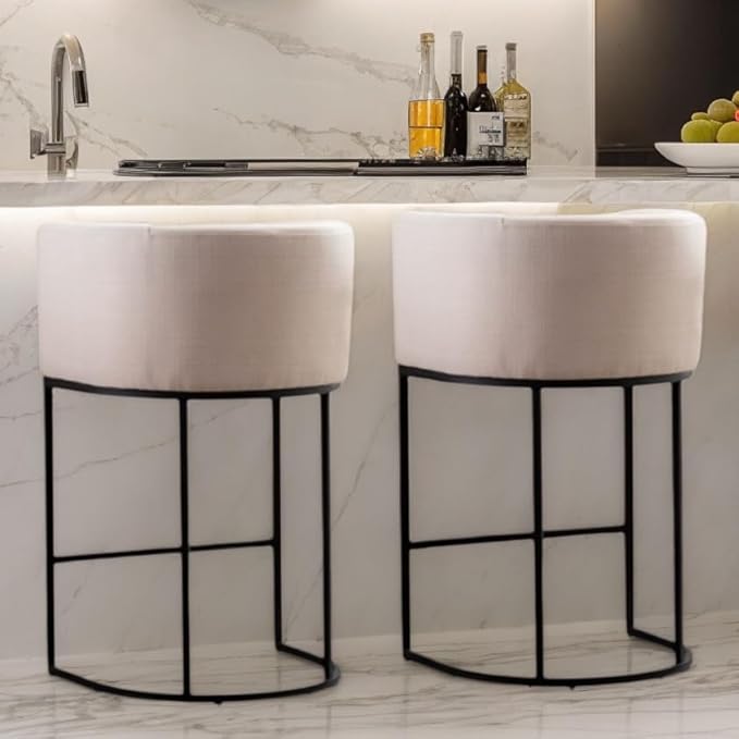 Contemporary Cream Linen Bar Stools Set of 2, 29" Upholstered Fabric Counter Height Barstools Kitchen Counter Island Stools with Screwed Together Black Metal Base