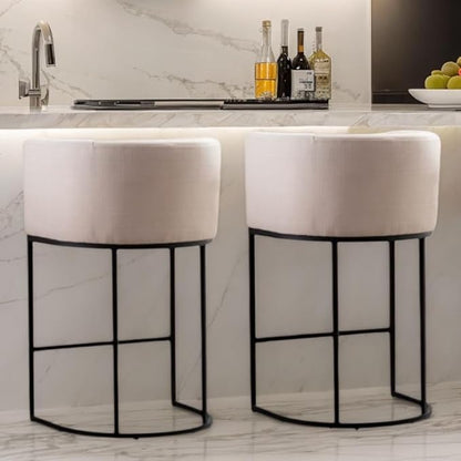 Contemporary Cream Linen Bar Stools Set of 2, 29" Upholstered Fabric Counter Height Barstools Kitchen Counter Island Stools with Screwed Together Black Metal Base