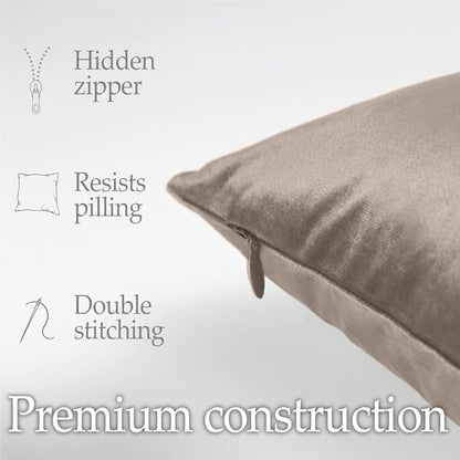 lalaLOOM Velvet Throw Pillow Covers, Set of 2 Decorative Square Pillows Home Decor, Soft Accent Cases, Silky Machine Washable Pillowcases for Sofa, Couch, Bedroom, Living Room, 16x16, Taupe