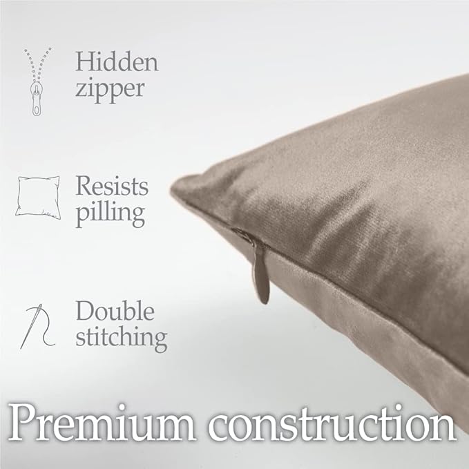 lalaLOOM Velvet Throw Pillow Covers, Set of 2, 20x20 Decorative Square Pillows Home Decor, Soft Accent Cases, Silky Machine Washable Pillowcases for Sofa, Couch, Bedroom, Living Room, Taupe