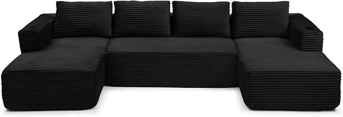 132 Inch Modular Sectional Sleeper Sofa, Boneless Cloud Couch for Living Room, U Shaped 5 Seat Sofa with 2 Cup Holders, Free Combination, No Assembly Required (Black)