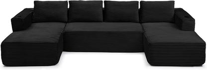 132 Inch Modular Sectional Sleeper Sofa, Boneless Cloud Couch for Living Room, U Shaped 5 Seat Sofa with 2 Cup Holders, Free Combination, No Assembly Required (Black)