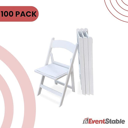 EventStable Titan PRO Resin Folding Chair - White Indoor Outdoor Lightweight Padded Folding Chair for Weddings Parties Events - 100 Pack