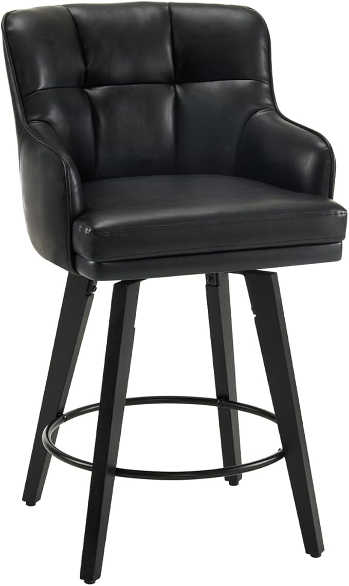360°Swivel Counter Height Bar Stools with Back, 26 inch Solid Wood Legs, Bar Stool Modern Kitchen Island Chairs, Faux Leather (Black- Faux Leather, 26" H- Set of 1)