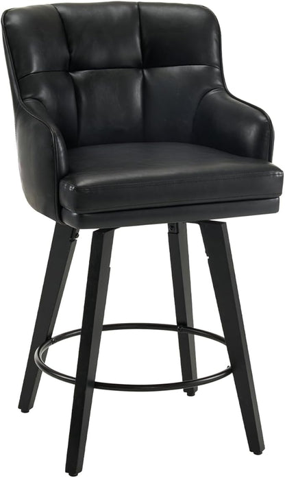 360°Swivel Counter Height Bar Stools with Back, 26 inch Solid Wood Legs, Bar Stool Modern Kitchen Island Chairs, Faux Leather (Black- Faux Leather, 26" H- Set of 1)