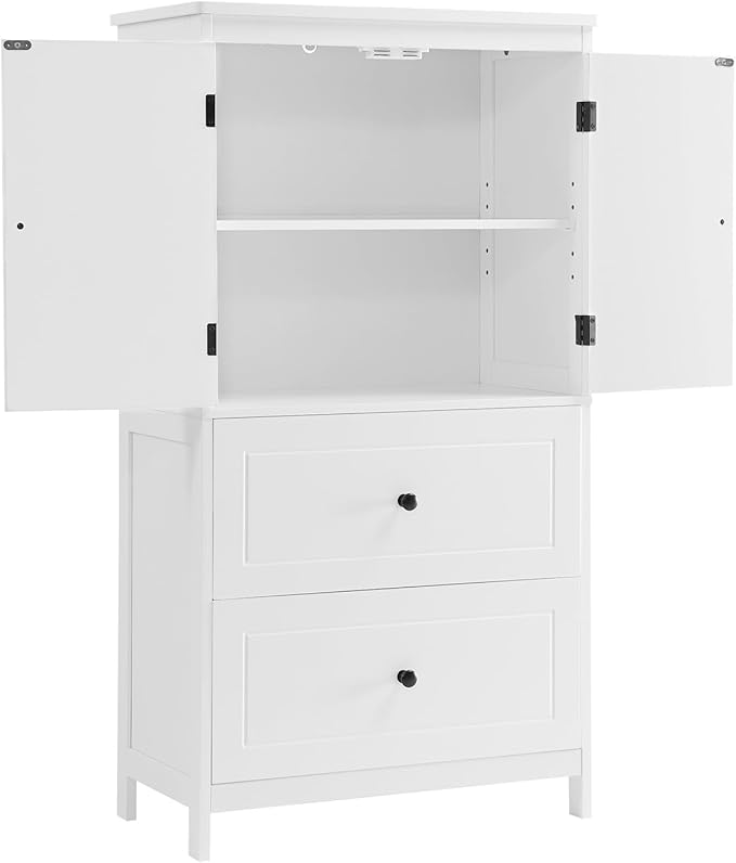 Polibi 43.3" H Storage Cabinet with 2 Doors, 2 Drawers, Adjustable Shelf, Wooden Linen Cabinet for Bathroom, Office, Kitchen, White