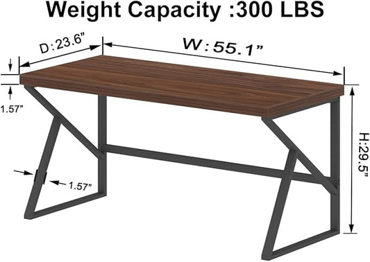 HSH Walnut Computer Desk, Industrial Modern Metal Wood Desk Workstation, Rustic Executive PC Laptop Work Desk Table for Home Office, Simple 55 Inch Writing Study Gaming Desk in Bedroom Living Room