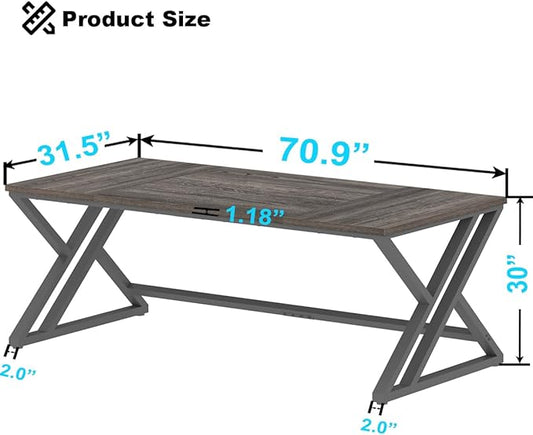 LVB Long Rustic Computer Desk, Industrial Large Wood Metal Office Desk, Modern Pc Study Gaming Writing Table for Two Person, Workstation Executive Desk for Home Bedroom Living Room, Dark Gray, 70 Inch