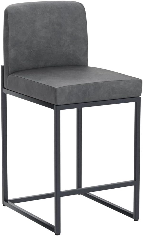 ALPHA HOME 24 Inch Bar Stools Set of 2, Kitchen Counter Stools with Backs, PU Leather Barstools, Kitchen Stools with Back&Upholstered Footrest, Sturdy Chromed Metal Steel Frame, Grey