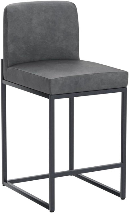 ALPHA HOME 24 Inch Bar Stools Set of 2, Kitchen Counter Stools with Backs, PU Leather Barstools, Kitchen Stools with Back&Upholstered Footrest, Sturdy Chromed Metal Steel Frame, Grey