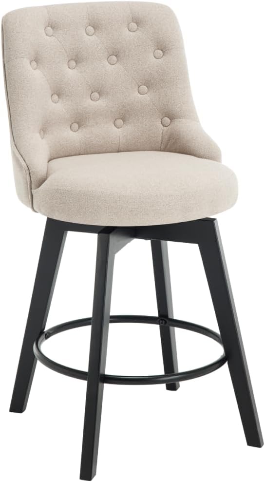 MINCETA Set of 2 Upholstered Bar Stools - 26 Inch Swivel Counter Height Stools with Low Tufted Back, Footrest & Performance Fabric - Round Seat for Kitchen Island & Home Bar Beige