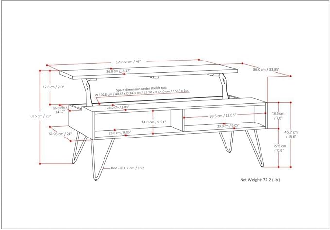 SIMPLIHOME Hunter Lift Top Coffee Table - 48 inch Wide Solid Mango Wood and Metal Industrial Cocktail Table in Umber Brown, Functional Living Room Table with 2 Storage Cubbies and Hairpin Legs